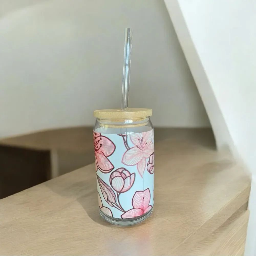 Floral Glass Can Tumbler with Straw NEW